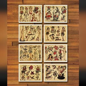 Set of 8 American Traditional Flash Sheet Print, Size 8.5 x 11